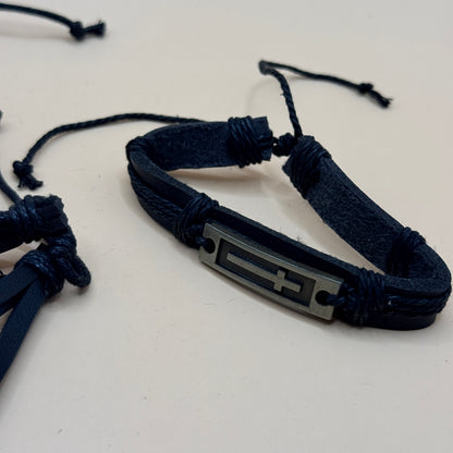 4x Faux Leather Black Adjustable Bracelet Set