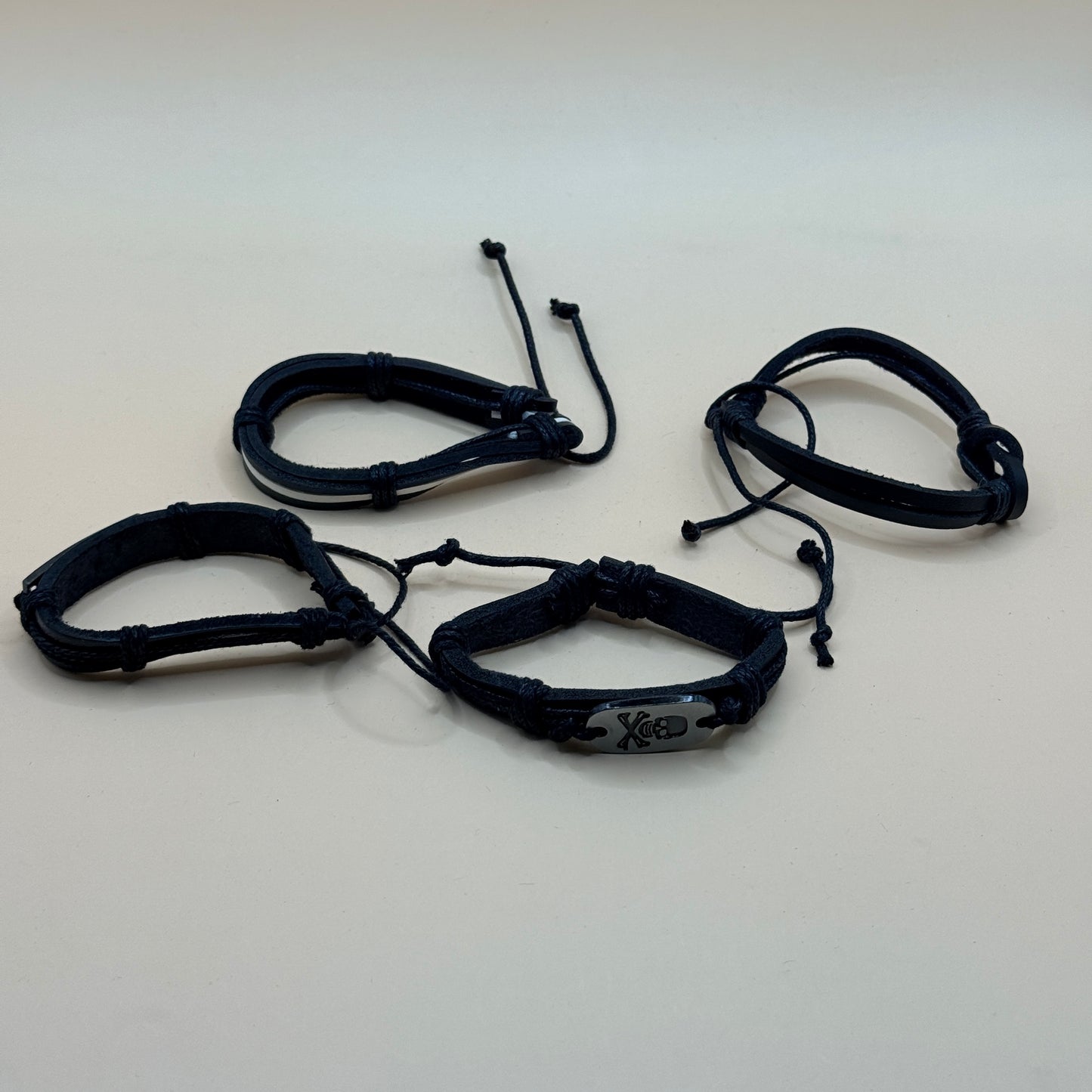 4 Black Adjustable Faux Leather Bracelet Set