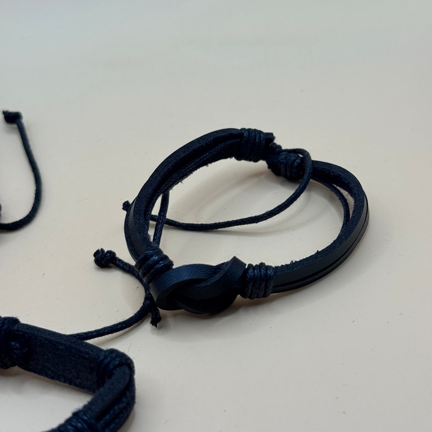 4 Black Adjustable Faux Leather Bracelet Set