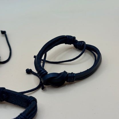 4 Black Adjustable Faux Leather Bracelet Set