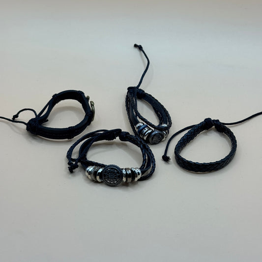 4 Black Braided Faux Leather Bracelet Set with Silver-Tone Accents