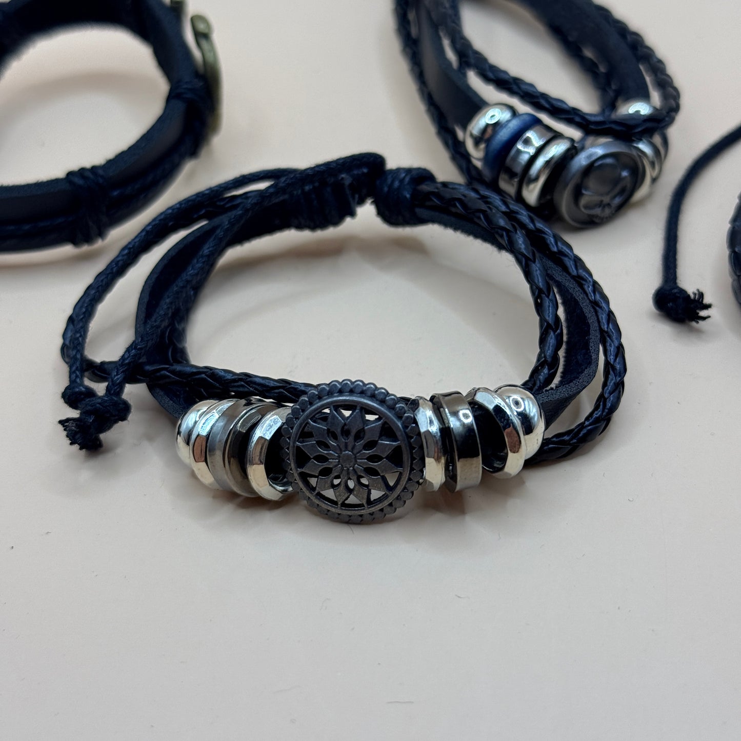 4 Black Braided Faux Leather Bracelet Set with Silver-Tone Accents