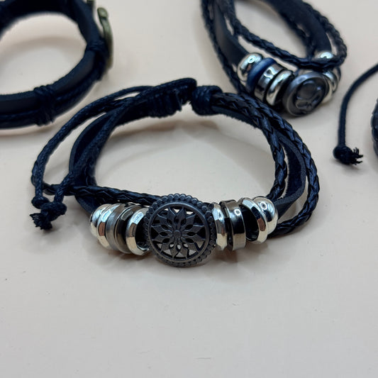 4 Black Braided Faux Leather Bracelet Set with Silver-Tone Accents