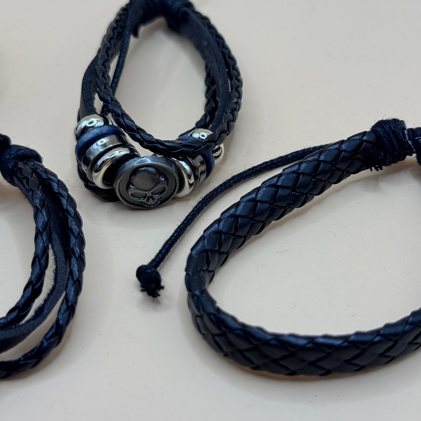 4 Black Braided Faux Leather Bracelet Set with Silver-Tone Accents