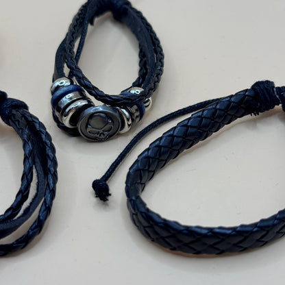 4 Black Braided Faux Leather Bracelet Set with Silver-Tone Accents