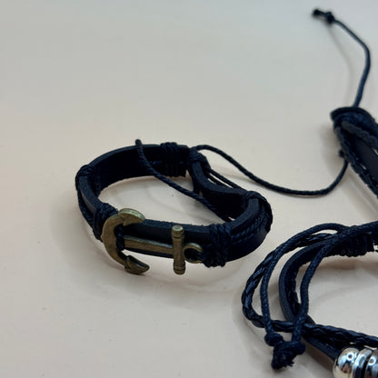4 Black Braided Faux Leather Bracelet Set with Silver-Tone Accents