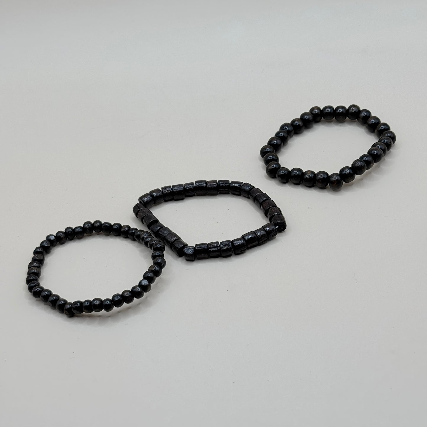 3x Black Wooden Beaded Bracelet Set