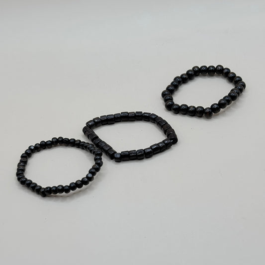 3x Black Wooden Beaded Bracelet Set