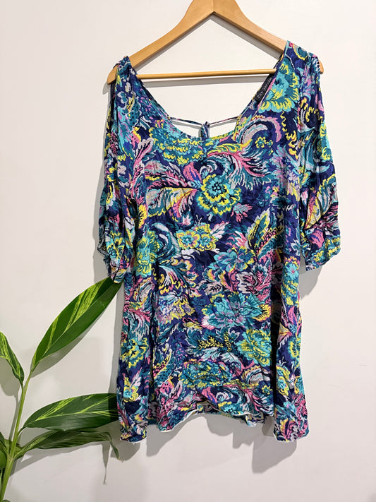 Zen Garden Vibrant Print Cold-shoulder Tunic Size L
