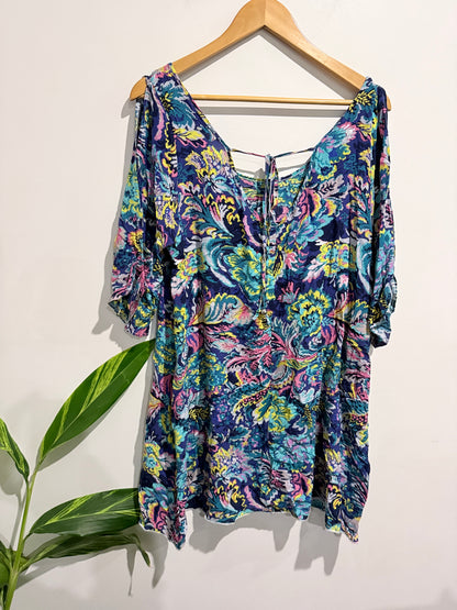 Zen Garden Vibrant Print Cold-shoulder Tunic Size L