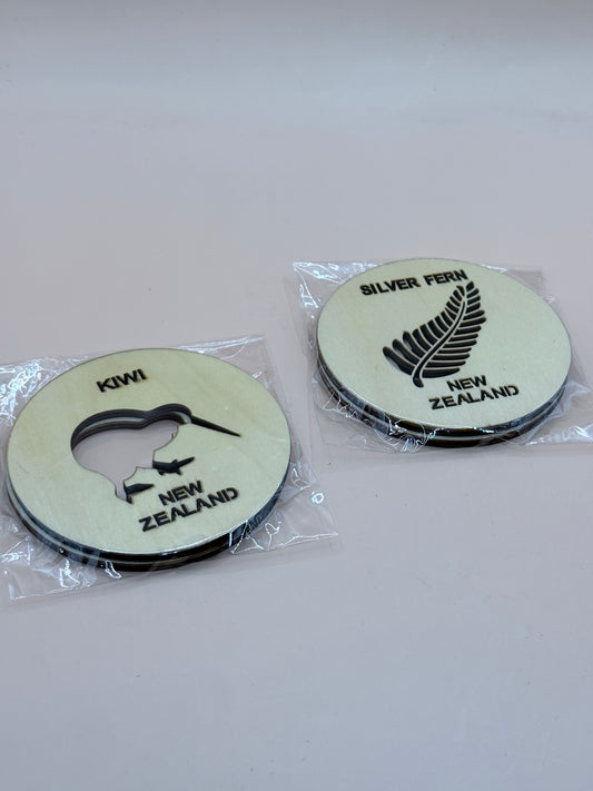 New Zealand Kiwi & Silver Fern Wooden Coaster Set