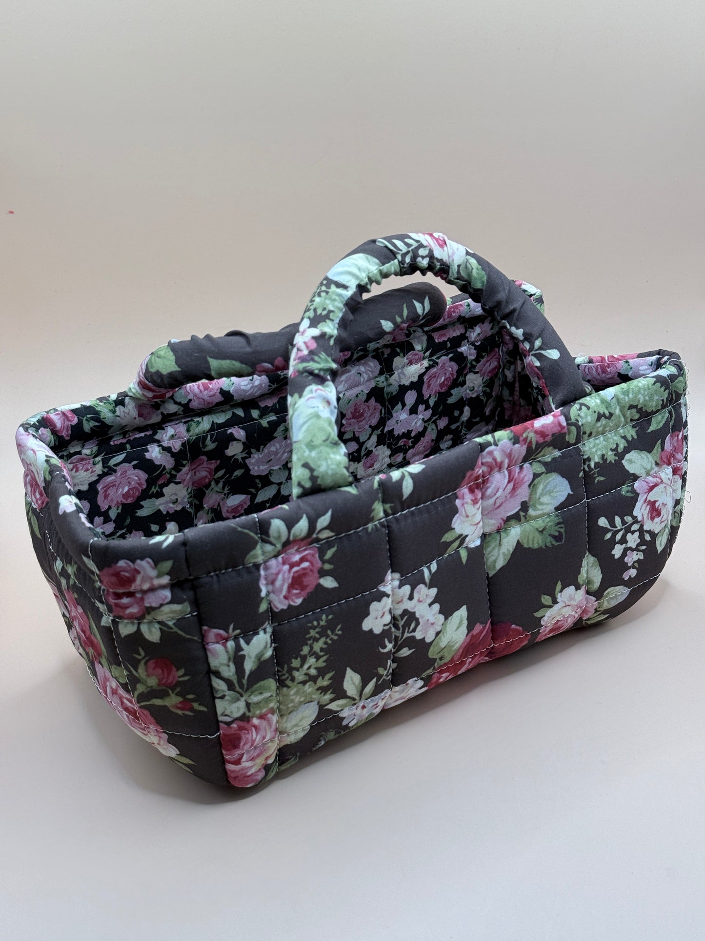 Dark Floral Quilted Fabric Storage Caddy Organiser Basket