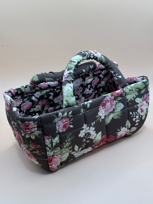 Dark Floral Quilted Fabric Storage Caddy Organiser Basket
