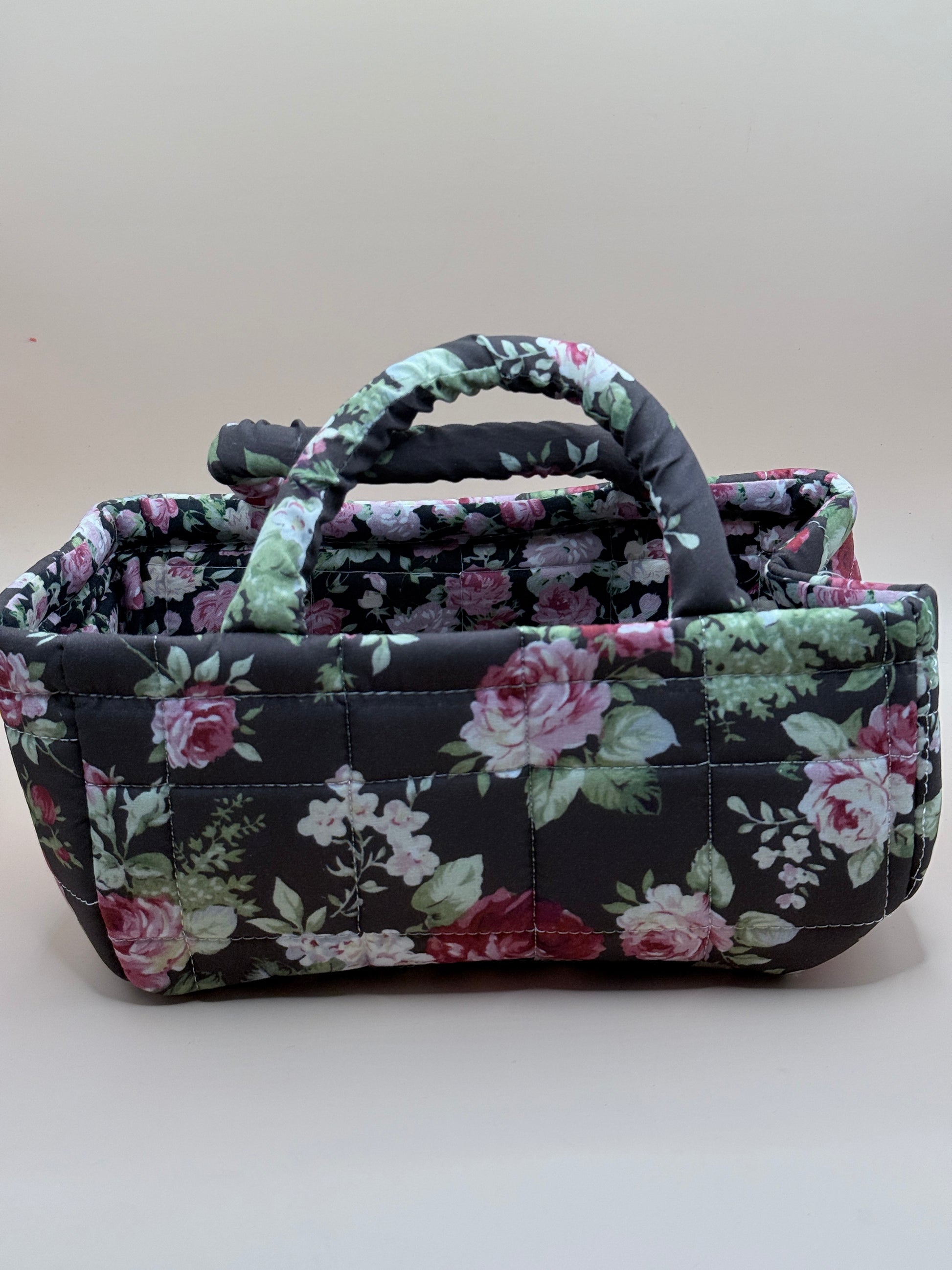 Dark Floral Quilted Fabric Storage Caddy Organiser Basket