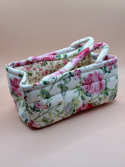 White Floral Quilted Fabric Storage Caddy Organiser Basket