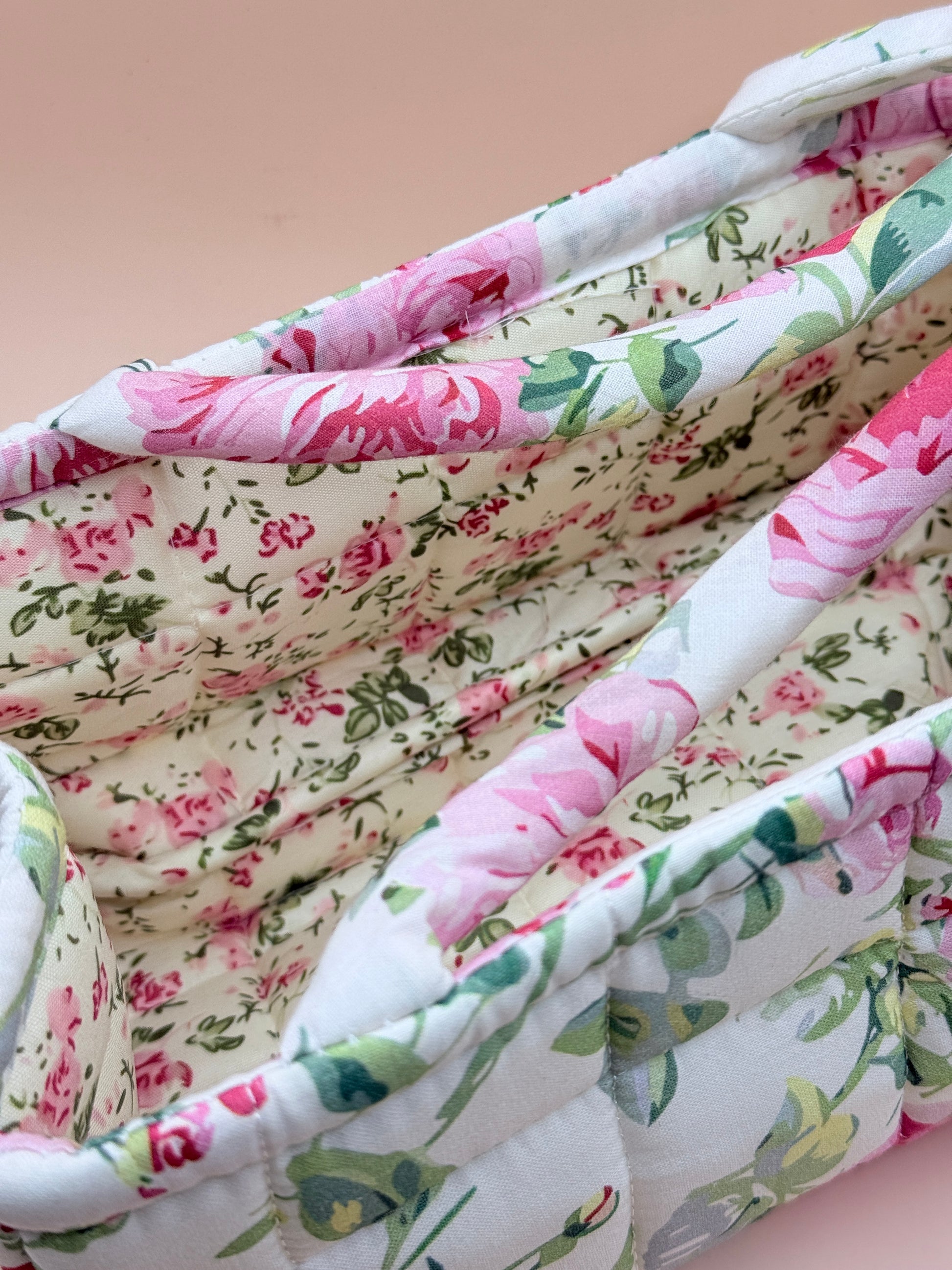 White Floral Quilted Fabric Storage Caddy Organiser Basket