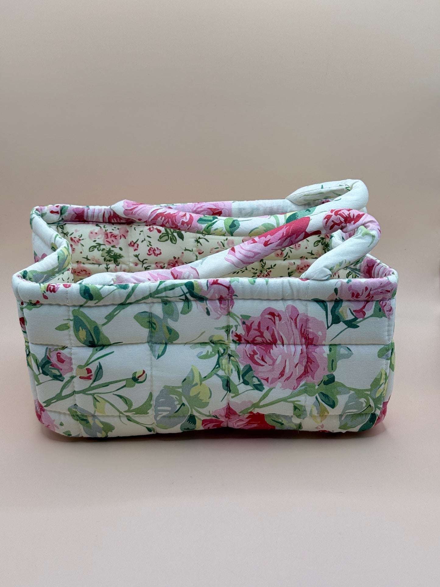 White Floral Quilted Fabric Storage Caddy Organiser Basket