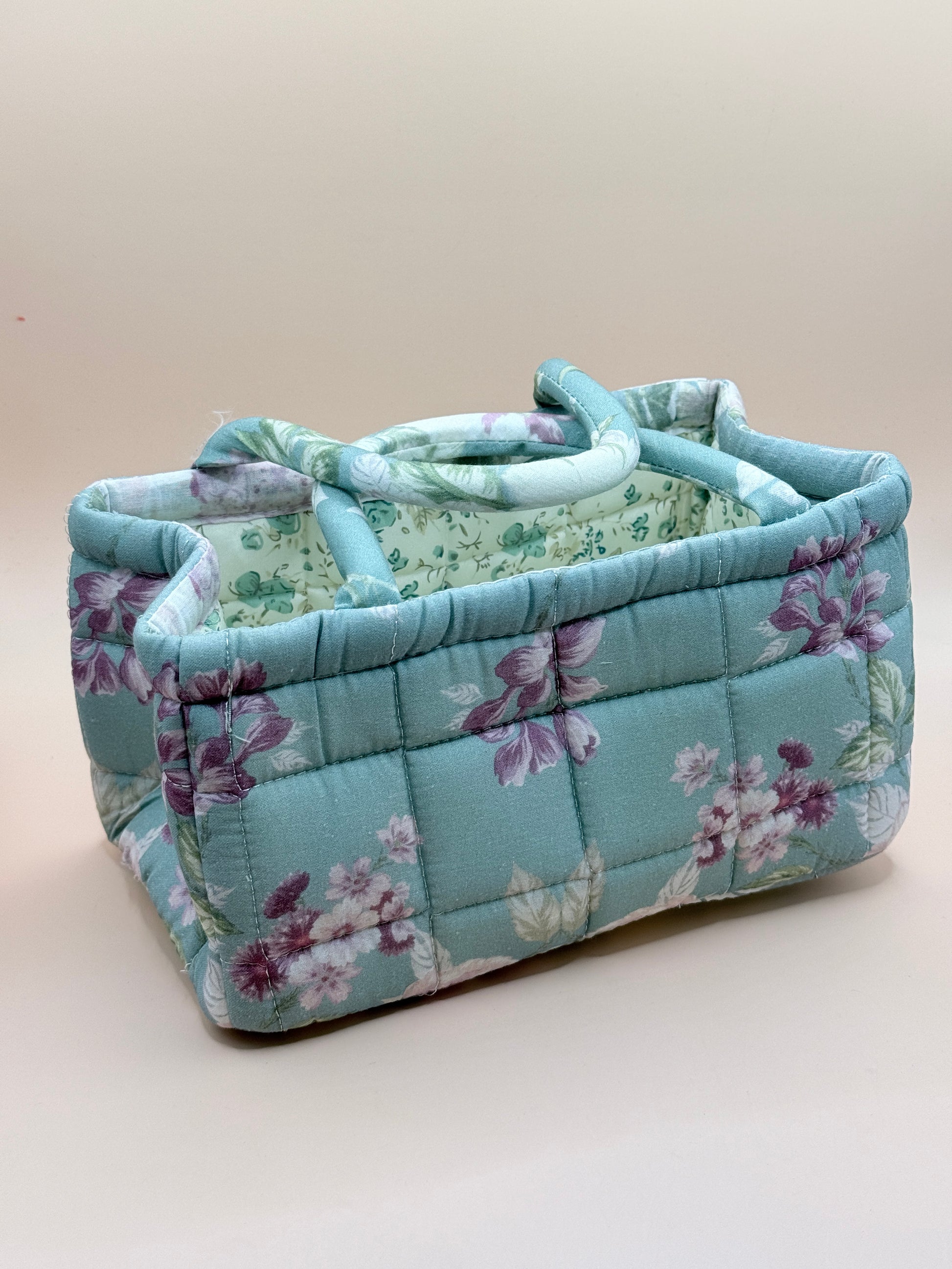 Sage Green Floral Quilted Fabric Storage Caddy Organiser Basket