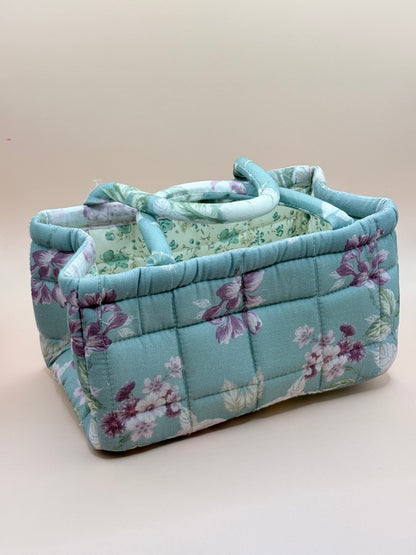 Sage Green Floral Quilted Fabric Storage Caddy Organiser Basket