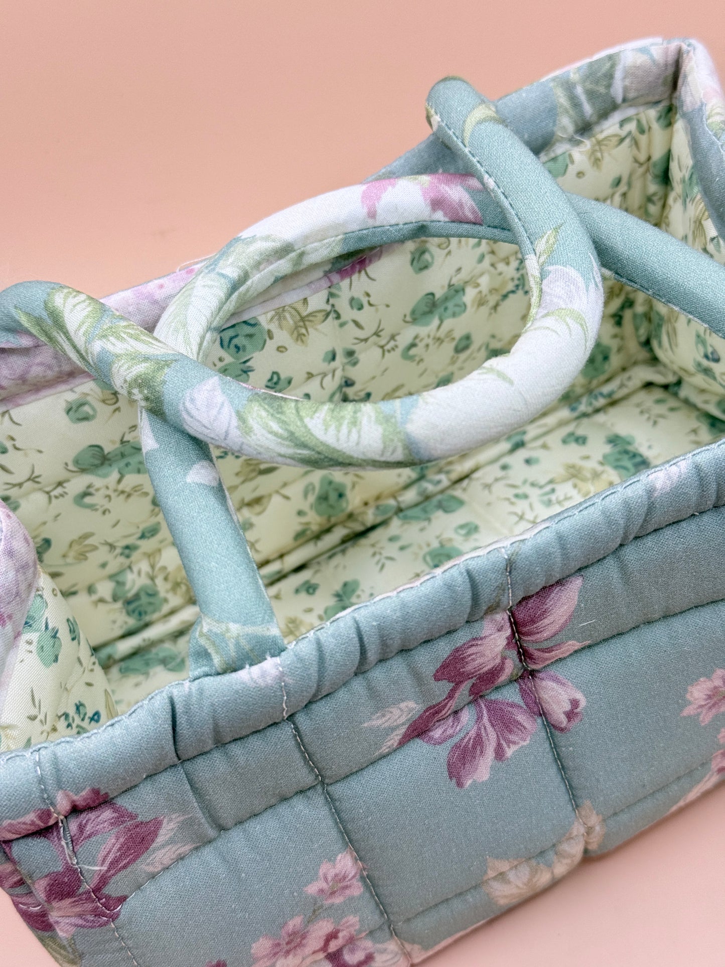 Sage Green Floral Quilted Fabric Storage Caddy Organiser Basket
