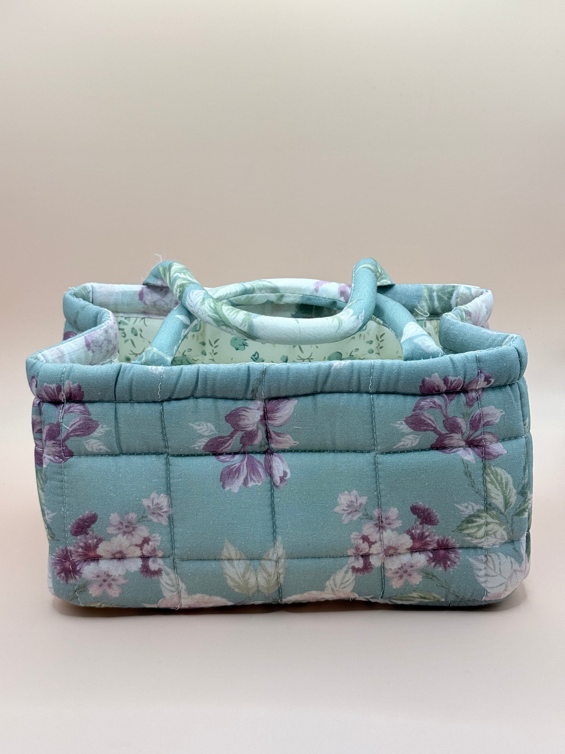 Sage Green Floral Quilted Fabric Storage Caddy Organiser Basket