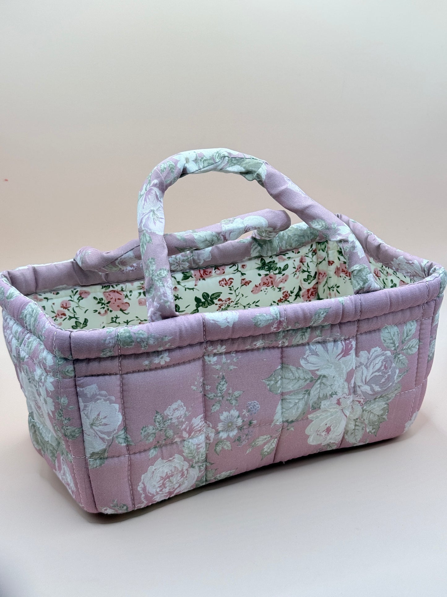 Pink Floral Quilted Fabric Storage Caddy Organiser Basket