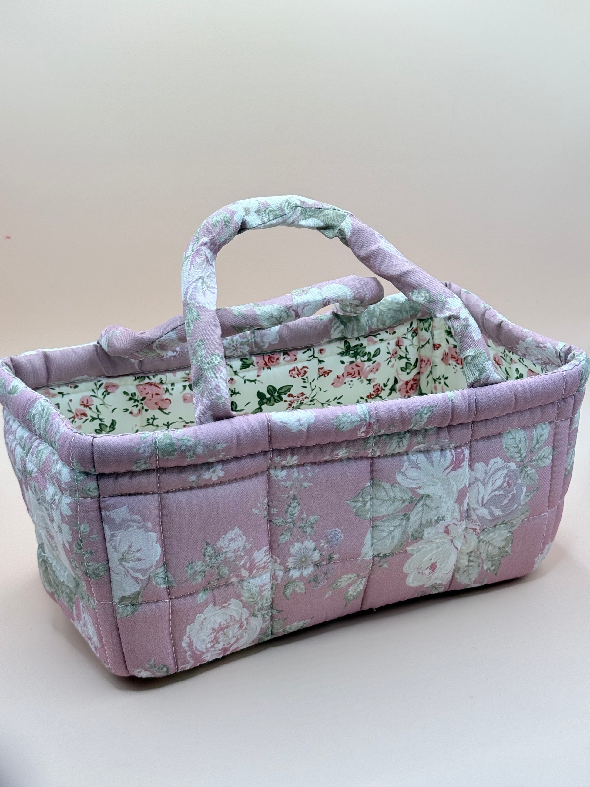 Pink Floral Quilted Fabric Storage Caddy Organiser Basket