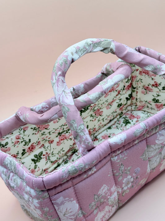 Pink Floral Quilted Fabric Storage Caddy Organiser Basket