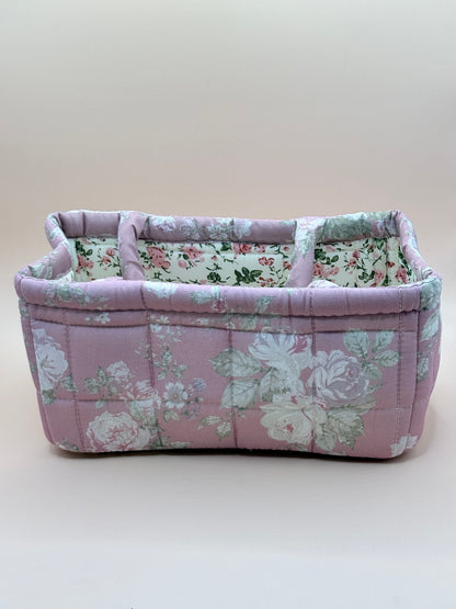 Pink Floral Quilted Fabric Storage Caddy Organiser Basket
