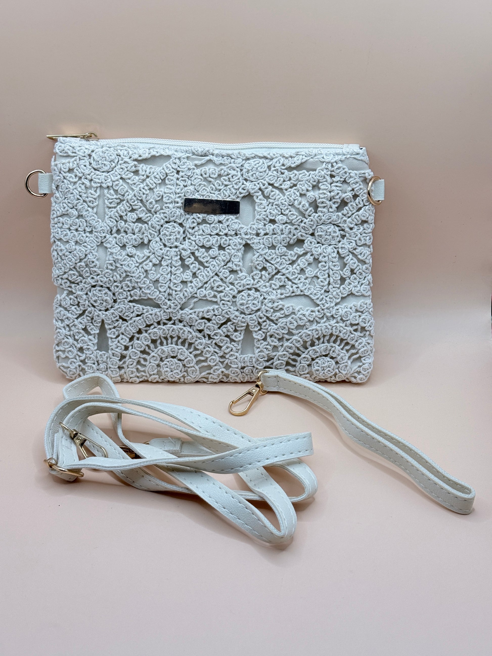 White Crochet Lace Clutch Bag With Detachable Strap