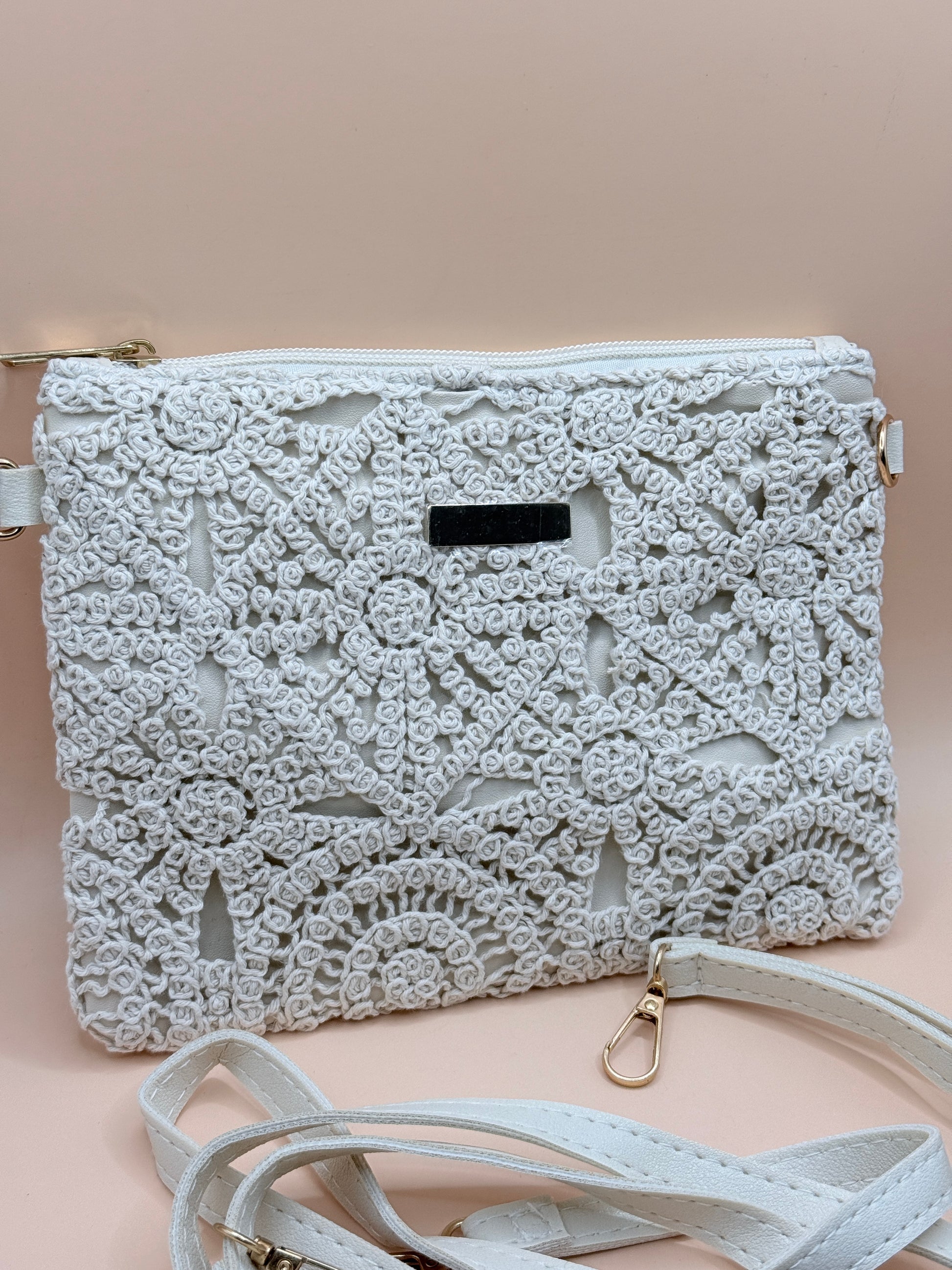 White Crochet Lace Clutch Bag With Detachable Strap