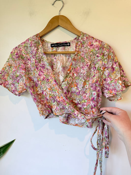Smoove Reworked Vintage Floral Print Tie-front Crop Top Size U/Arm to U/Arm 47cm