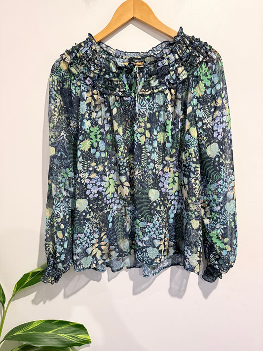 Studio Printed Smocked Sheer Shirt Top Size 12