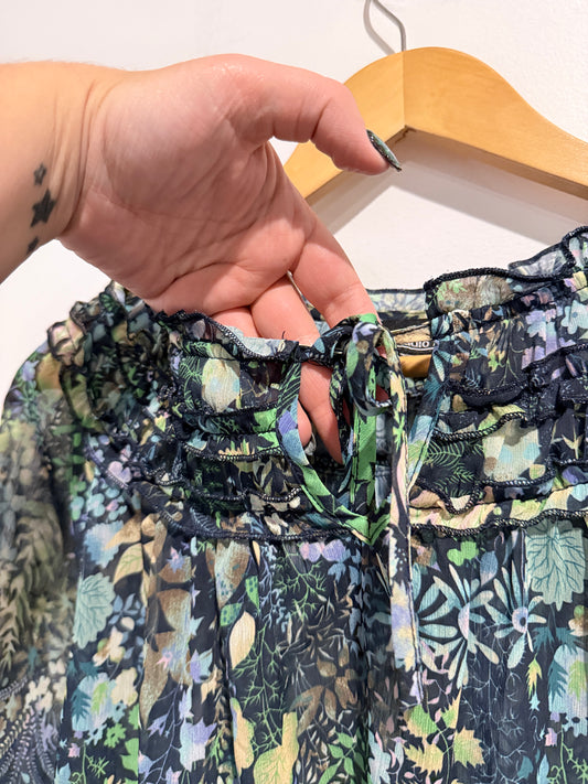Studio Printed Smocked Sheer Shirt Top Size 12