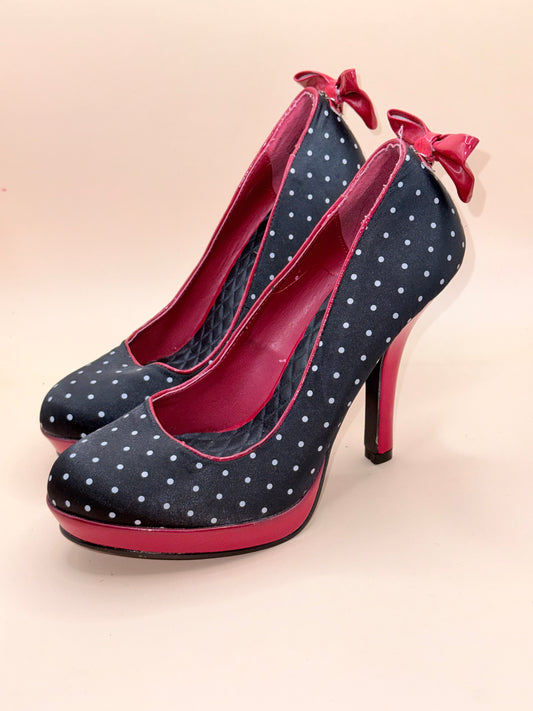 Pin Up Couture Polka Dot Platform Heels – Black/Red – Approx EU 38
