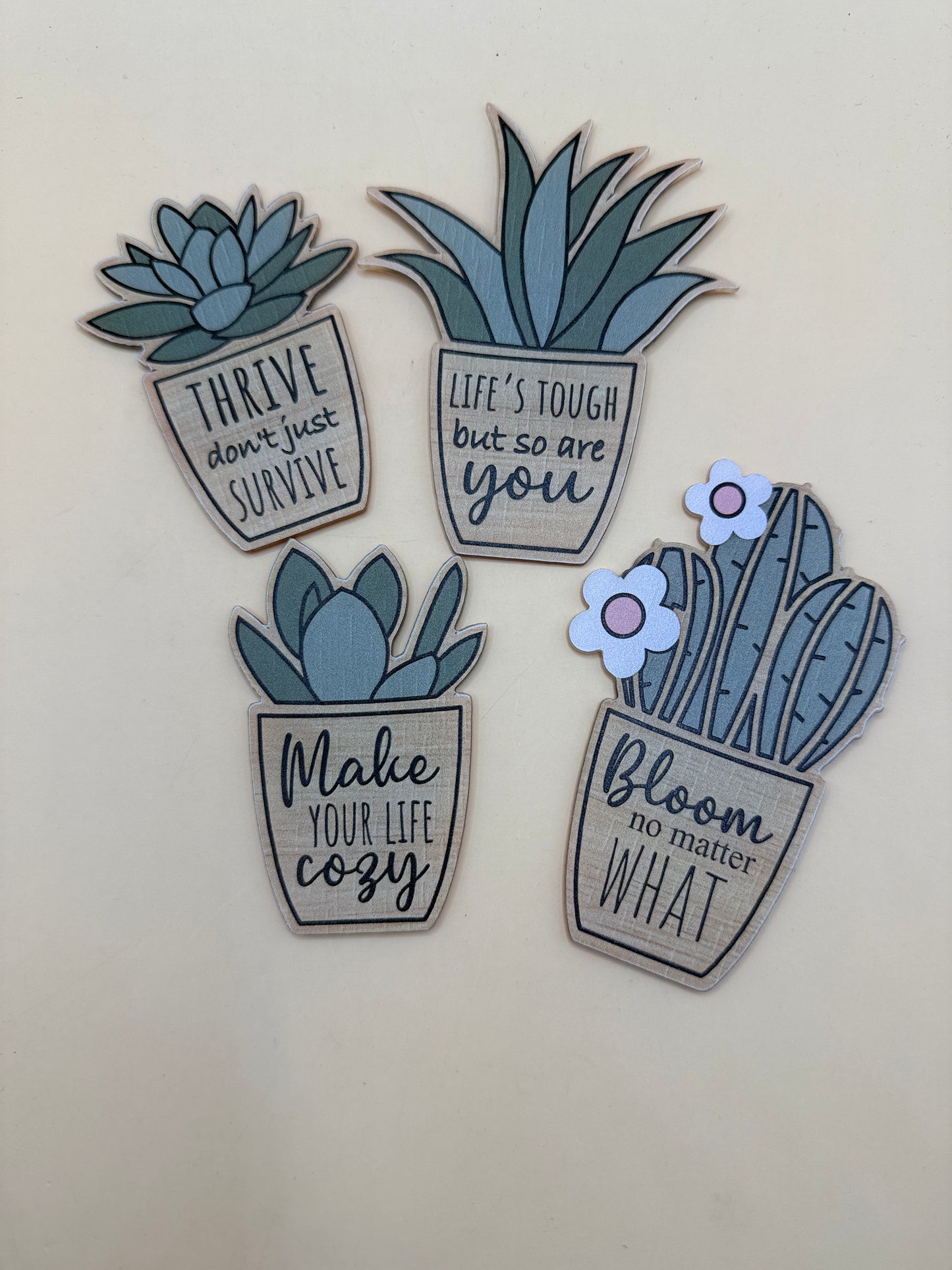 Inspirational Succulent Plant Wooden Magnet Set