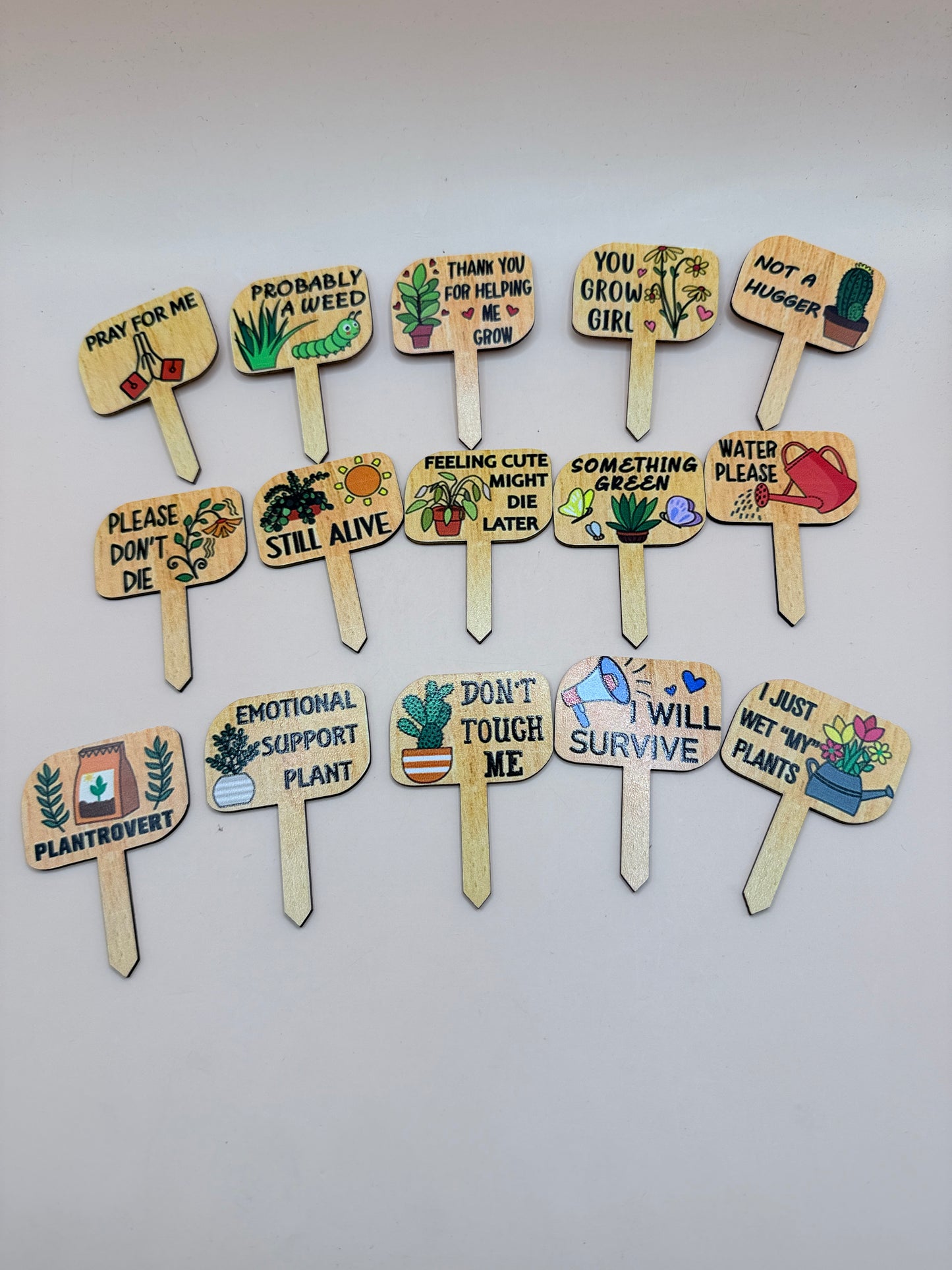 15x Funny Wooden Plant Markers Set