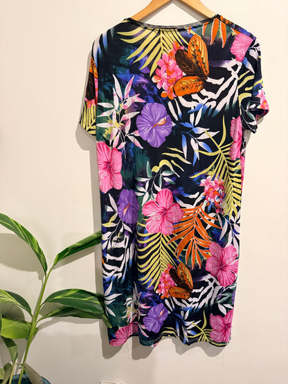 H & D Short-sleeve Tropical Shift Dress Size XXL | U/Arm to U/Arm 57cm