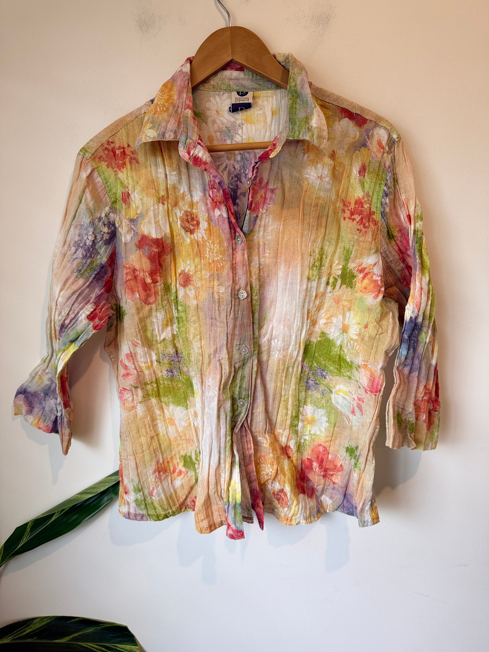 Parisian Sheer Floral Print Button-down Shirt Size U/Arm to U/Arm 57cm