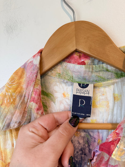Parisian Sheer Floral Print Button-down Shirt Size U/Arm to U/Arm 57cm