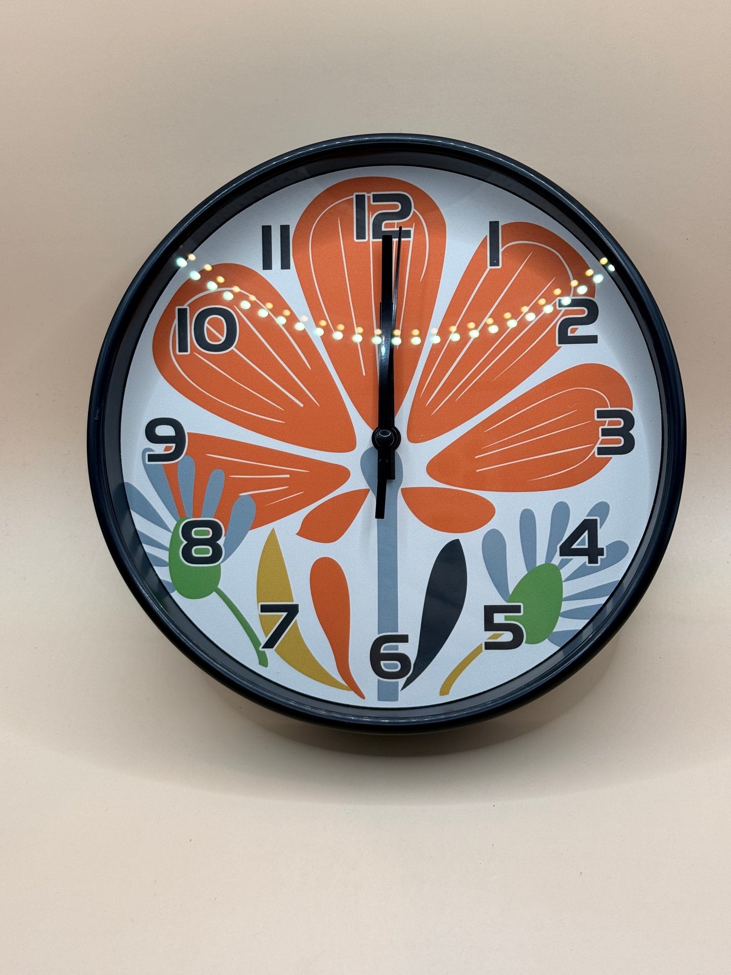 20cm Floral Wall Clock – Black Frame