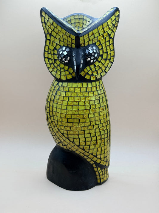 Handcrafted Mosaic Owl Statue Figurine Yellow & Black Decorative Art Sculpture