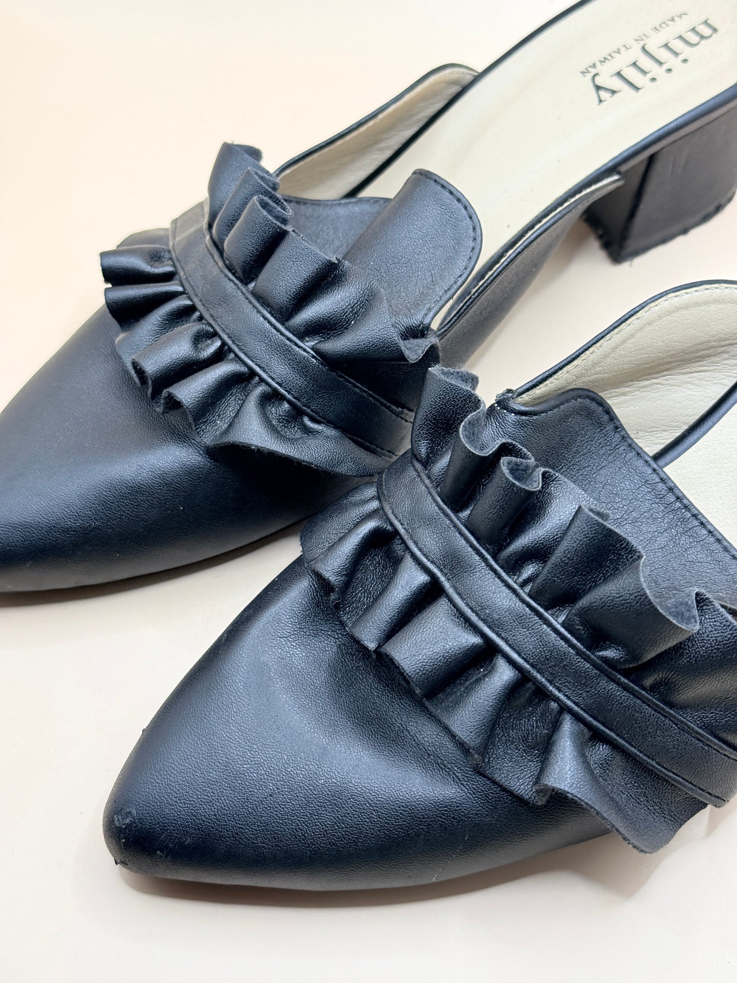 Mijily Black Ruffle Mule Heels – Size 25