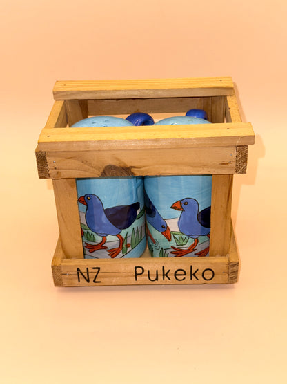 NZ Pukeko Salt & Pepper Shaker Set with Wooden Crate