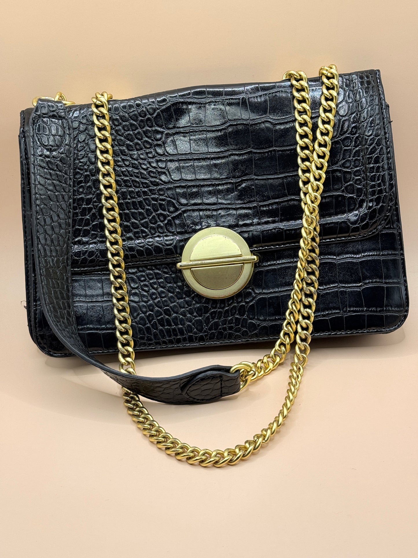 Laura Jones Black Croc Embossed Chain Shoulder Bag Medium