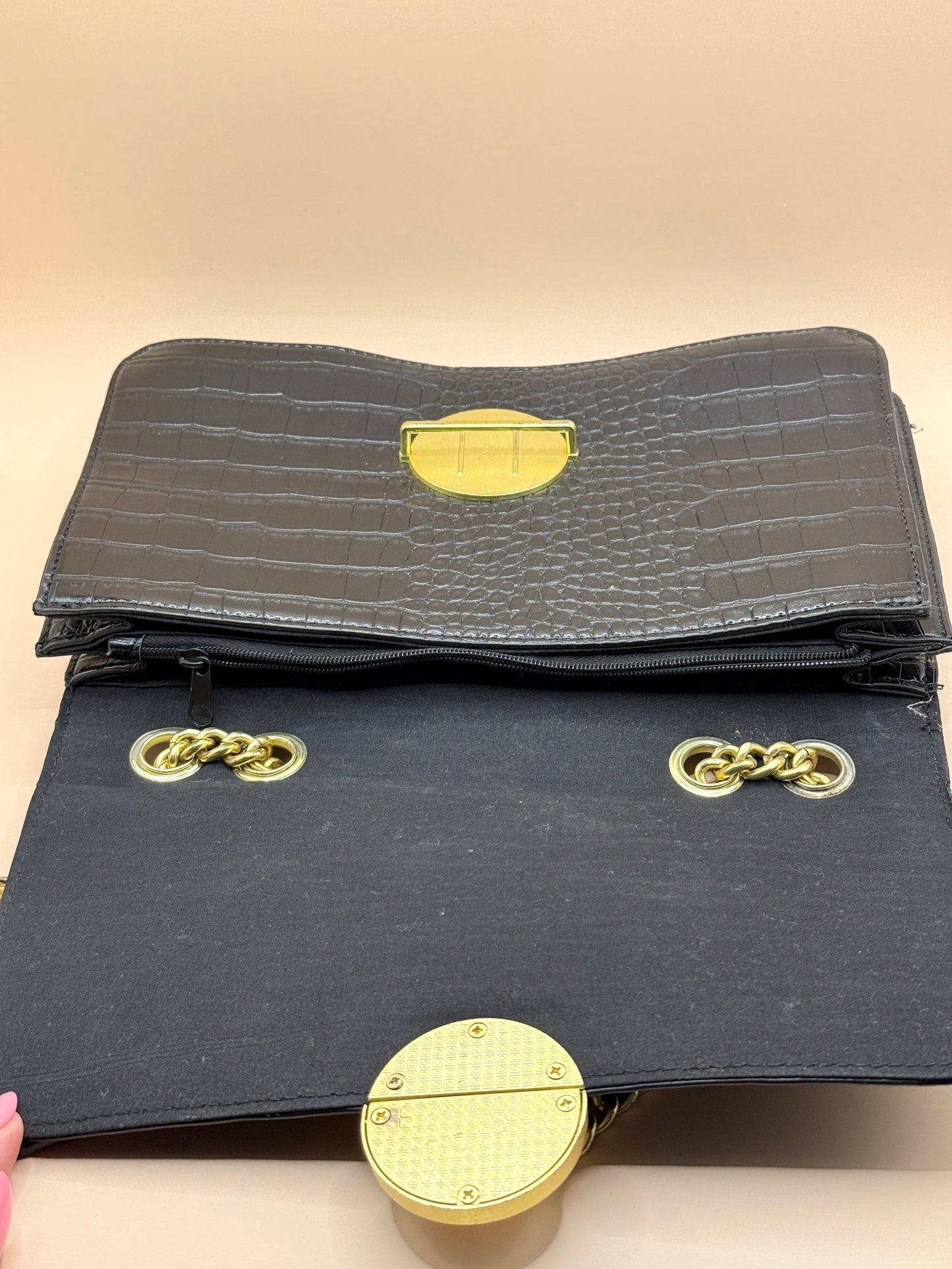 Laura Jones Black Croc Embossed Chain Shoulder Bag Medium