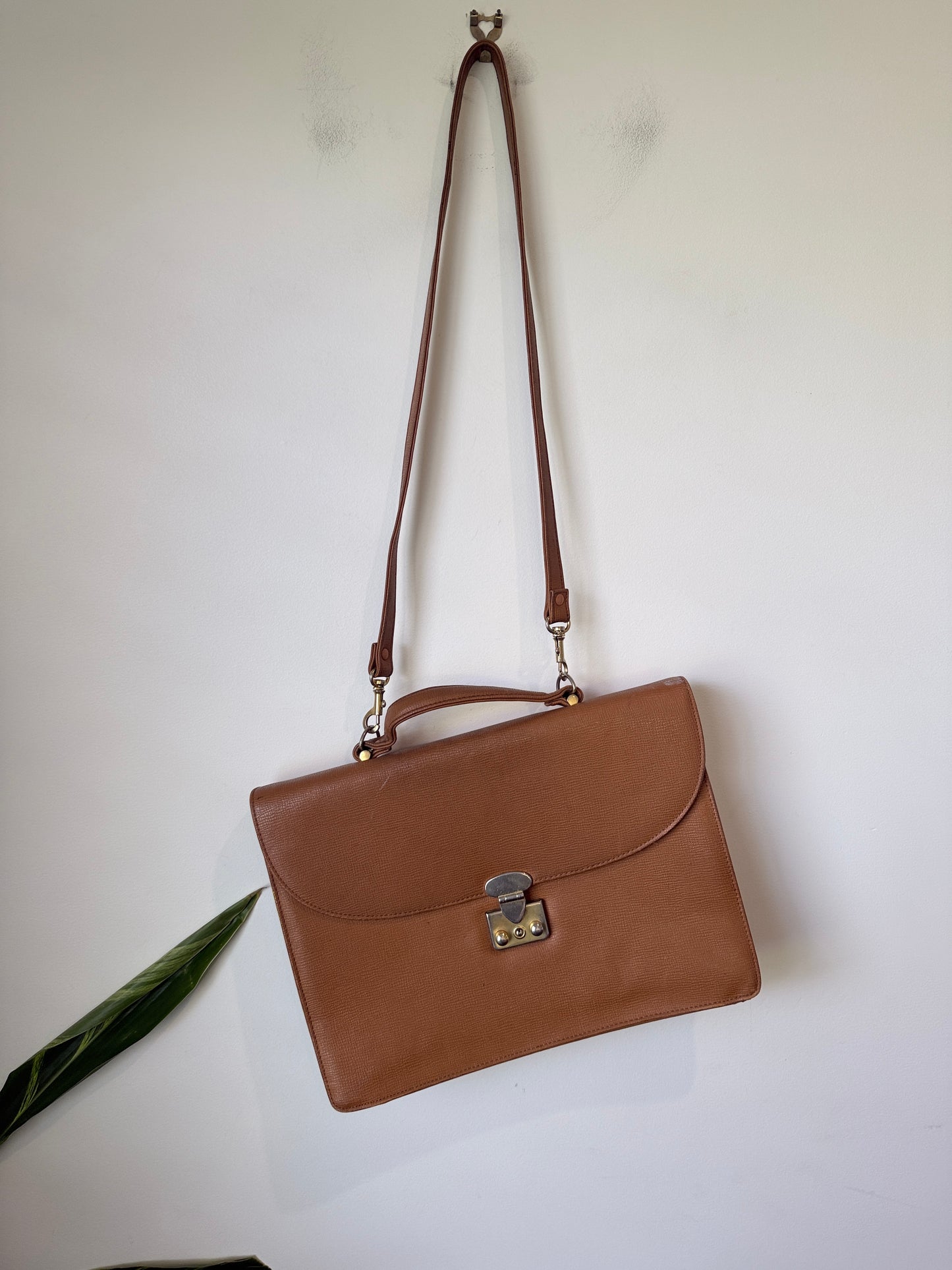 Vintage Tan Briefcase Style Crossbody Bag Large