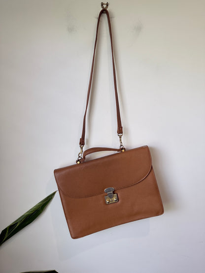 Vintage Tan Briefcase Style Crossbody Bag Large