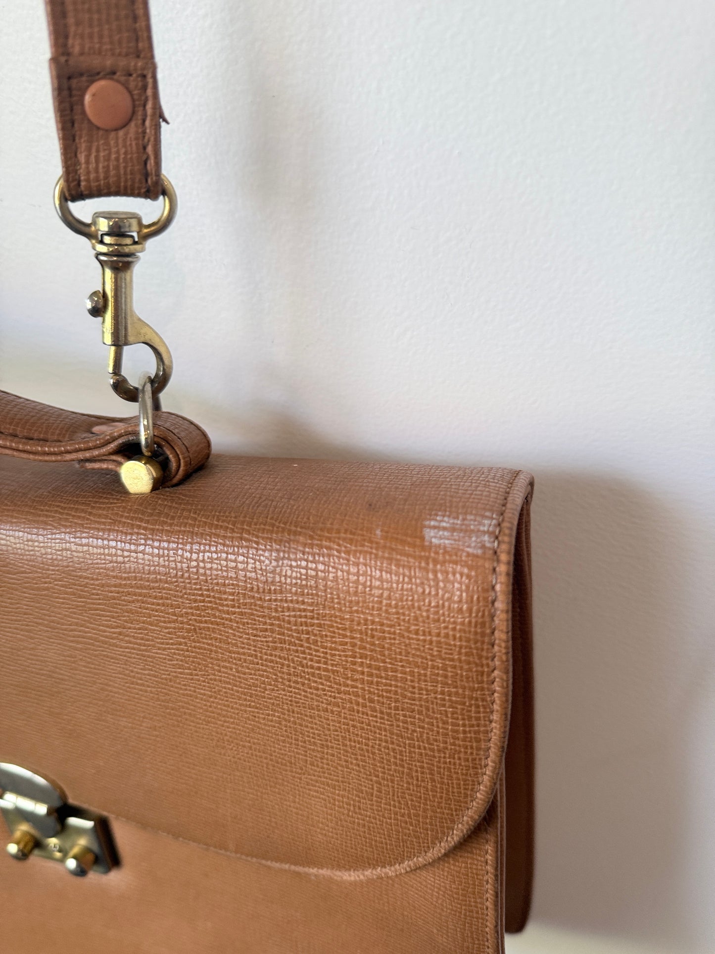 Vintage Tan Briefcase Style Crossbody Bag Large