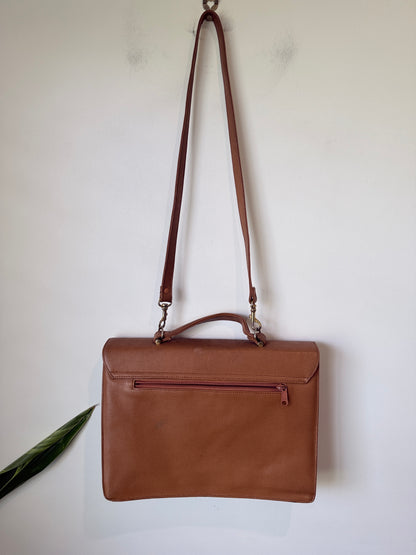 Vintage Tan Briefcase Style Crossbody Bag Large
